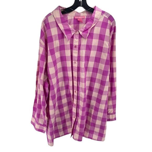 Woman Within Womens Button Up Shirt Top Check Long Sleeve Purple Pink Size 5X - Picture 4 of 8